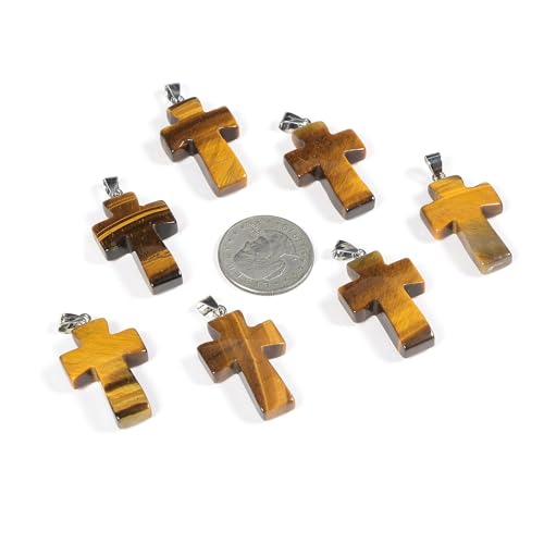 Justinstones 32mm Gemstone Carved Cross Reiki Chakra Pendant With Stainless Steel Necklace 22 Inch - color: Golden Tiger Eye