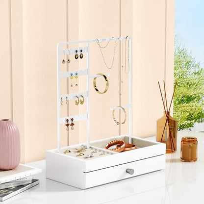 Goozii White Jewelry Organizer Stand Stud Earring Holder, Necklace Display Stand with Drawer, Jewelry Tower Tree for Bracelets Rings, Birthday Valentines Day Gifts for Her Teen Girls Women Wife - color: White