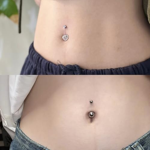 Vsnnsns 14G Belly Button Ring Piercing Jewelry 316L Stainless Surgical Steel Heart CZ Pearl Butterfly Flower Navel Rings Dangle Belly Button Ring Navel Piercing Jewelry for Women Men Hypoallergenic - color: Silver&Black
