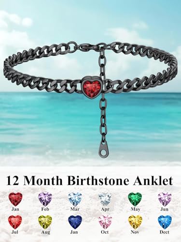 ChainsHouse Cuban Chain Anklets for Women with Heart Birthstone Jan - Dec | Stainless Steel Black Link Chain Ankle Bracelet with Birthstone, Beach Women Anklet 22cm-27cm Adjustable, with Gift Box - color: 01. Jan.-Red Garnet-Black