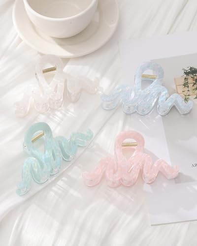 4PCS Large Claw Clips for Thick Hair, Large Acrylic Hair Clips | Modern Marble Geometric Design, Non-Slip Secure Hold for Long Hair, Buns, Updos and Everyday Styling - color: Wave-White + Pink + Blue + Cyan