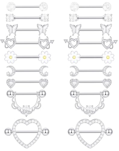 9 Pairs Nipple Rings Stainless Steel Heart Butterfly Moon Flower CZ Barbell Tongue Rings Set Cute Nipplerings Piercing Jewelry for Women Pink Silver Tone - color: B: Silver Tone
