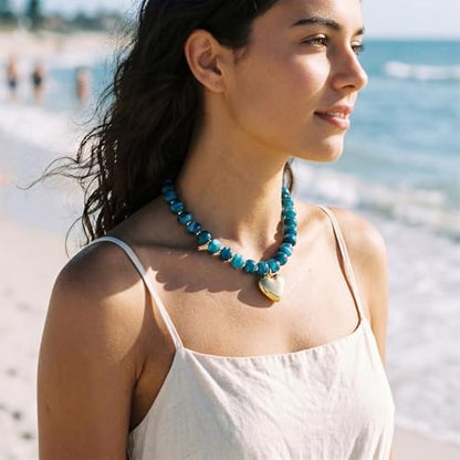 SYNLIN Resin Chunky Beaded Necklace for Women, Adjustable Heart Pendant Beaded Choker, Lightweight Statement Necklace, Boho Summer Beach Jewelry - color: Emerald Green