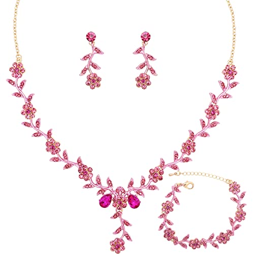 Flower Leaf Crystal Pendant Necklace Dangle Earrings Link Bracelet Bride Bridesmaid Jewelry Sets for Women Wedding Party - color: Pink-Gold Plated