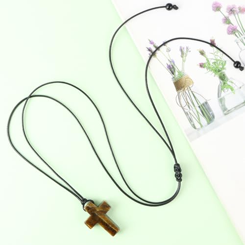 FANASY Natural Gemstone Pendant Necklace for Men Healing Crystal Pendant Adjustable Black Rope Necklace Jewelry Gifts for Women Men - color: X- Cross Tiger's Eye
