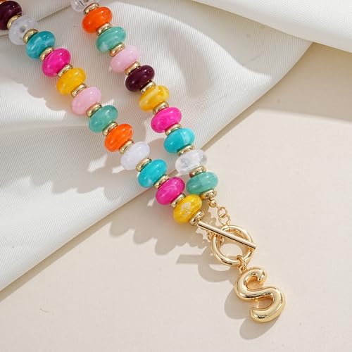 NIKOLUX Colorful Initial Necklaces for Women Chunky Resin Beaded Toggle Necklace 14K Gold Plated A-Z Bubble Letter Pendant Necklace Trendy Summer Beach Handmade Jewelry Gift - color: Colorful-S