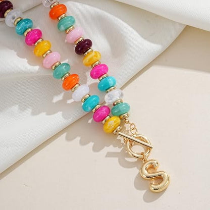 NIKOLUX Colorful Initial Necklaces for Women Chunky Resin Beaded Toggle Necklace 14K Gold Plated A-Z Bubble Letter Pendant Necklace Trendy Summer Beach Handmade Jewelry Gift - color: Colorful-S