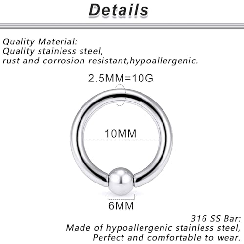 12G 10G 8G 6G 4G 2G 0G 00G Large Septum Rings Gauges Earrings Hoops 316L Surgical Steel Spring Action Captive Bead PA Ring CBR Septum Nose Rings Piercing Jewelry for Women Men - color: Silver, size: 10G=2.5mm Inner Dia: 3/8" (10mm)