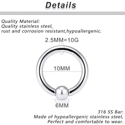 12G 10G 8G 6G 4G 2G 0G 00G Large Septum Rings Gauges Earrings Hoops 316L Surgical Steel Spring Action Captive Bead PA Ring CBR Septum Nose Rings Piercing Jewelry for Women Men - color: Silver, size: 10G=2.5mm Inner Dia: 3/8" (10mm)
