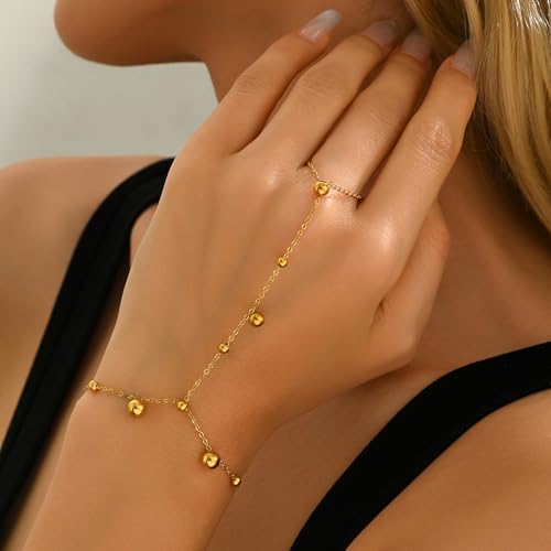 Dainty 18K Gold Plated Tiny Bracelets with Finger Ring for Women | Waterproof Hypoallergenic Adjustable Hand Harness Chain Jewelry - color: Multi Bead -GD