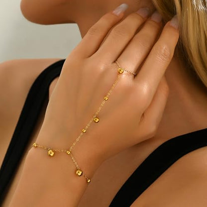 Dainty 18K Gold Plated Tiny Bracelets with Finger Ring for Women | Waterproof Hypoallergenic Adjustable Hand Harness Chain Jewelry - color: Multi Bead -GD