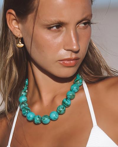 Chunky Beaded Choker Necklace for Women Boho Statement Necklace with Large Pearl Blue Brown Tone Resin Beads Summer Beach Jewelry Gifts - color: Turquoise