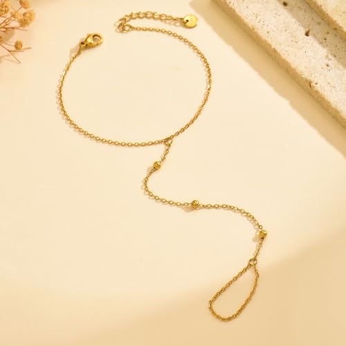 Dainty 18K Gold Plated Tiny Bracelets with Finger Ring for Women | Waterproof Hypoallergenic Adjustable Hand Harness Chain Jewelry - color: Three Bead-GD
