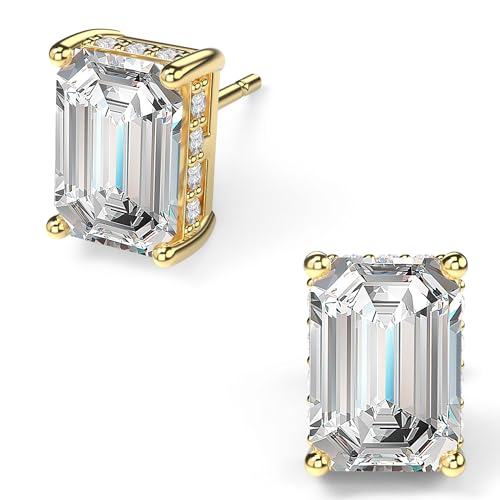 18K White Gold Plated Sterling Silver Emerald Cut Cubic Zirconia Stud Earrings Clear CZ Diamond Stud Earrings for Women Men Hypoallergenic - color: Gold, size: 5MM*7MM