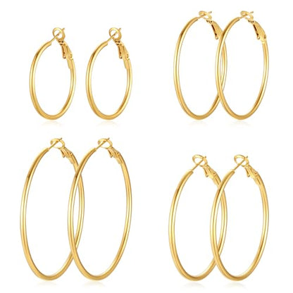 4 Pairs Silver Gold Hoop Earrings for Women | 14K Gold Plated Hoop Earrings Set Hypoallergenic Earring Lightweight Dangle Earrings Set - color: 4 Pairs Gold-30/40/50/60mm