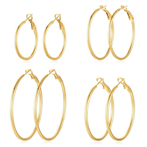 4 Pairs Silver Gold Hoop Earrings for Women | 14K Gold Plated Hoop Earrings Set Hypoallergenic Earring Lightweight Dangle Earrings Set - color: 4 Pairs Gold-30/40/50/60mm