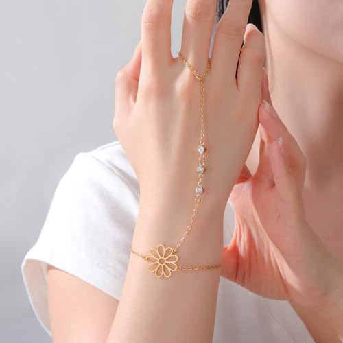 UNIFT Hand Chain Bracelets for Women Set Stainless Steel Adjustable Heart or Four-Leaf Clover Ring Chain Bracelet Trendy Dainty Jewelry Set Gifts - color: gold 3