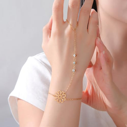 UNIFT Hand Chain Bracelets for Women Set Stainless Steel Adjustable Heart or Four-Leaf Clover Ring Chain Bracelet Trendy Dainty Jewelry Set Gifts - color: gold 3