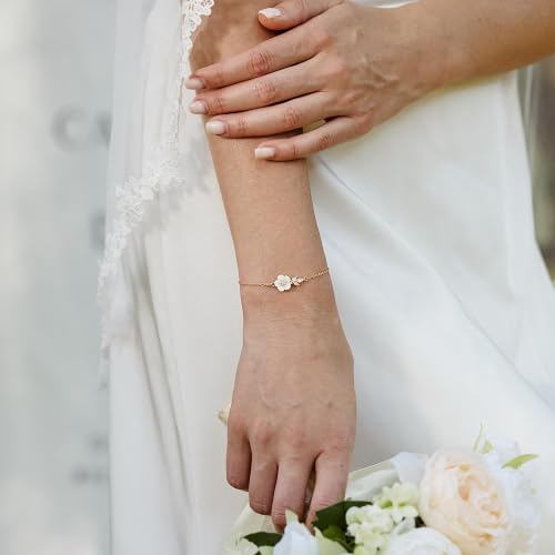 Gold Bracelets for Women Pearl Bracelet 14k Gold/White Gold Plated | Dainty Cubic Zirconia CZ Accented, Bridesmaid Jewelry, Prom Bracelet, Wedding Bracelets for Brides - color: gold-cute flower