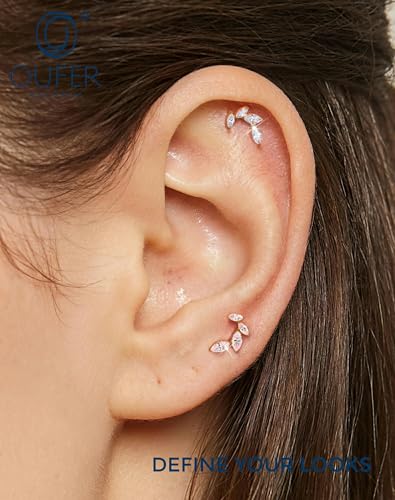 OUFER Body Piercing Titanium Helix Piercing Jewelry 16G Leaf Helix Earrings for Women Internally Thread Conch Helix Stud Flat Back Cartilage Earrings Surgical Steel Gold Cartilage Piercing Jewelry - color: ruby CZ, size: 1.2*6mm
