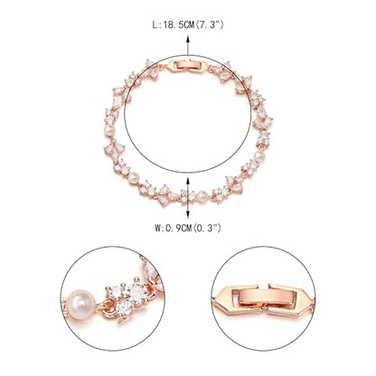 EVER FAITH Cubic Zirconia Pearl Bridal Prom Tennis Bracelet for Women | Elegant Pear CZ Wedding Jewelry Gift, for Bride Bridesmaid - style: Floral_Rose Gold-Plated-Brass