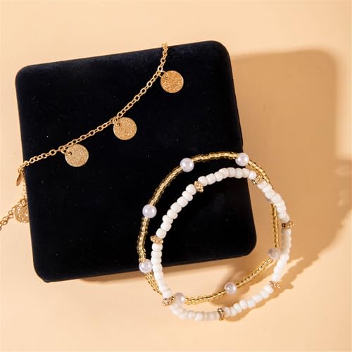 Shell Ankle Bracelet Set for Women,Boho Adjustable Beads Anklet Pack Natural White Shells Stack Stretch Seashell Pearl Starfish Bracelet Set Hawaiian Beach Vacation Foot Jewelry - style: B-Beads Disc 3Pcs