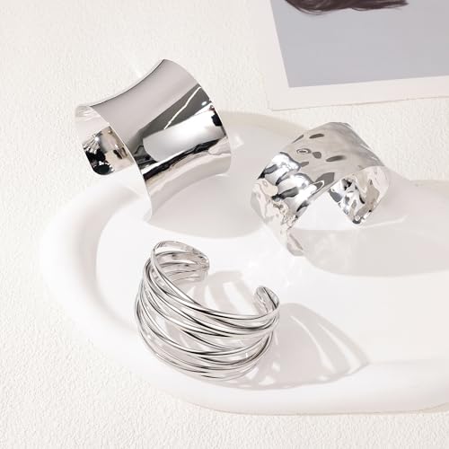 3PCS Chunky Cuff Bracelets for Women Irregular Minimalist Statement Bangle Bracelets Set Open Wide Wire Grooved Hammered Bangle Bracelet Gold Sliver Wrist Cuff Wrap Bracelet Adjustable - color: Silver Cuff Bracelets C