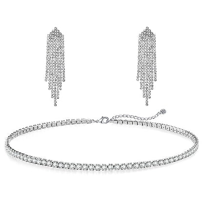 HAXIYA Tennis Necklace Bracelet for Women, Sterling Sliver Jewelry Set, Silver/Gold Chocker Necklace, Crystal Bracelet for Women, Wedding Jewelry for Bride, Sparkly Party Prom Hypoallergenic - color: Tassle Set of 2 - Silver