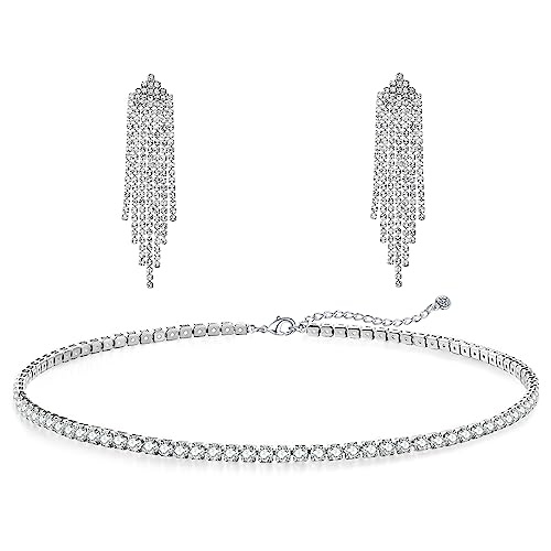 HAXIYA Tennis Necklace Bracelet for Women, Sterling Sliver Jewelry Set, Silver/Gold Chocker Necklace, Crystal Bracelet for Women, Wedding Jewelry for Bride, Sparkly Party Prom Hypoallergenic - color: Tassle Set of 2 - Silver