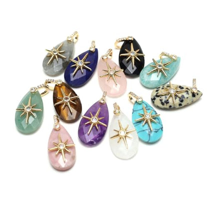 LE SKY Natural Stone Pendants Healing Crystal Gemstones with Rhinestone Charms for jewelry Making Necklace DIY Craft Gift - color: tear drop