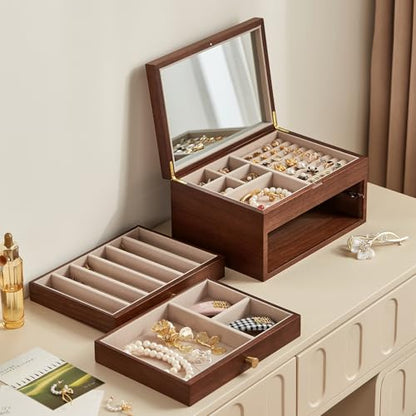 Black Walnut Wooden Jewelry Box Women with One-way Vision Mirror | Large Wood Jewelry Drawer Organizer, Glass Lid, With Mirror, For Necklaces Watch Ring Earring, Gift for Her, Velvet-Lined - style: 3 Layer A