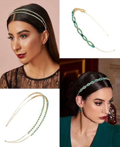 Wecoe 4 Pack Rhinestone Headband for Women and Girls, Flower Wedding Headband, Bridal Shower, Party, Prom, Cosplay, Hair Accessories, Gifts - color: Gold band & blue/green rhinestones