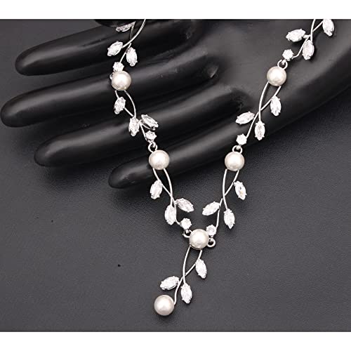 Luxury Cubic Zirconia Aurtrian Crystal Pearl Floral Necklace Dangle Earrings Wedding Bridal Jewelry Set Birthday Gifts for Her - color: Clear-Silver Plated