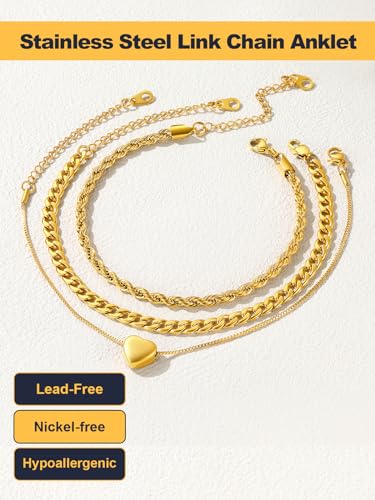 U7 2Pcs/3Pcs Ankle Bracelets for Women, Stainless Steel Cuban Link/Figaro/Rope/Heart Chain Anklets Sets,Waterproof Layered Anklets Adjustable 8.5"-10.5" - color: 04. 3Pcs Style B-Gold