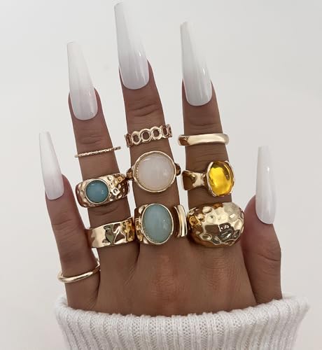 iF YOU 25 Pcs Gold Stackable Ring Set for Women, Chunky Knuckle Finger Midi Rings, Silver Simple Stacking Cute Rings Pack Trendy Stuff Jewelry Gift - style: 10 Chunky gold gem rings