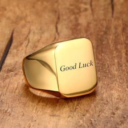 Stainless Steel Square Signet Rings for Men Women Gold/Silver Plain Pinky Thumb Ring, Gift for Dad Husband - color: Square Gold-Custom