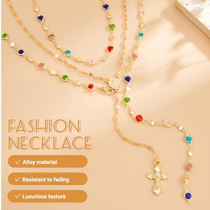 Layered Cross Necklace Set for Women, Layered Choker Necklaces Trendy Jewelry, Colorful Enamel Beaded Y-Shaped Lariat Necklace, Boho Multilayer Cross Necklace for Party and Daily Wear - color: Gold-11