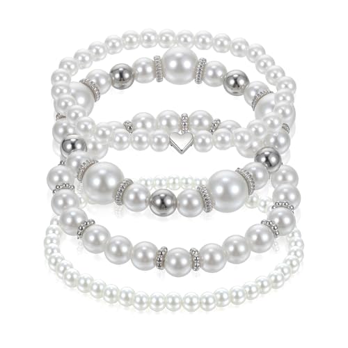 4 Pcs Pearl Bracelets for Women, White Simulated Pearl Beaded Bracelet Set, Stretch Stackable Faux for Women, Elegant Bridal Jewellery