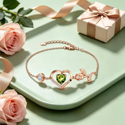 1CT Rose Heart Birthstone Bracelet for Women Love Gift - style: Aug Olive Gold