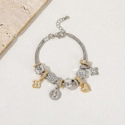 Charm Bracelet Gold Bracelets for Women Gifts | LOVE Heart Hollow Flower Bow Pink Green Square Gemstone Beaded Charm Bracelet Cute Adjustable Bracelet Jewelry - style: Hollow Flower