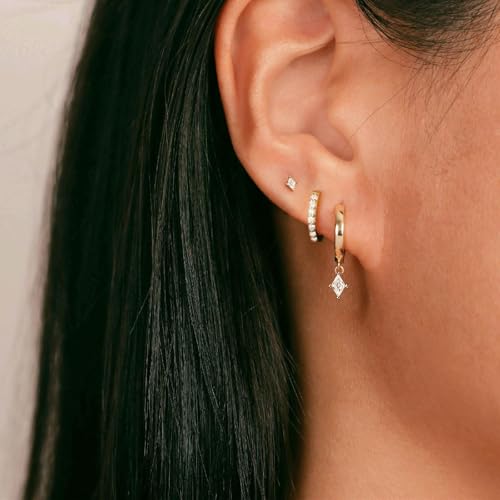 3 Pairs Earring Stacks, Gold Earring Set Jewelry Gift for Women | Small, 14K Gold/White Gold/Black/Rose Gold Plated, Hypoallergenic, Her, Everday, Stackable, Simple, 3 Holes - color: Gold-Rhombus CZ