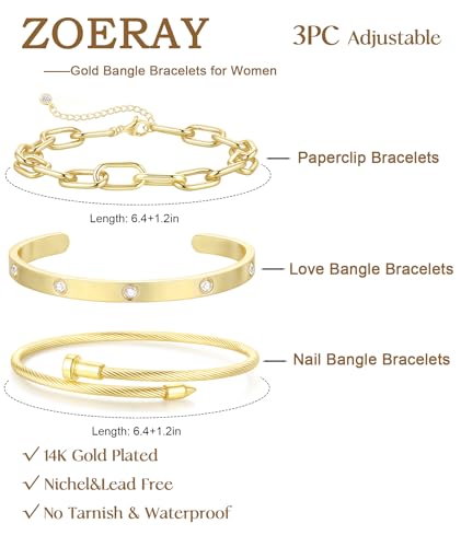 ZOERAY Silver Gold Bangle Bracelets for Women Non Tarnish 14k Gold Plated Stackable Cuff Bracelets for Women Trendy Cubic Zirconia Stainless Steel Chunky Bracelet Stack Set Waterproof Jewelry Gifts - color: E.Paperclip-Gold