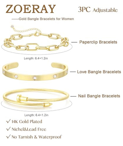 ZOERAY Silver Gold Bangle Bracelets for Women Non Tarnish 14k Gold Plated Stackable Cuff Bracelets for Women Trendy Cubic Zirconia Stainless Steel Chunky Bracelet Stack Set Waterproof Jewelry Gifts - color: E.Paperclip-Gold
