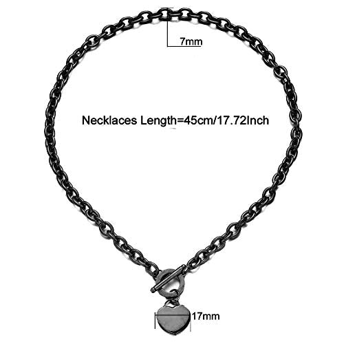 WangGao Elegent Love Stainless Steel Link Chain Blank Heart Charms Necklace for Women Toggle Clasp Closure - color: Black, size: 17.72inches
