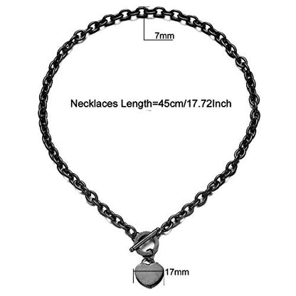 WangGao Elegent Love Stainless Steel Link Chain Blank Heart Charms Necklace for Women Toggle Clasp Closure - color: Black, size: 17.72inches