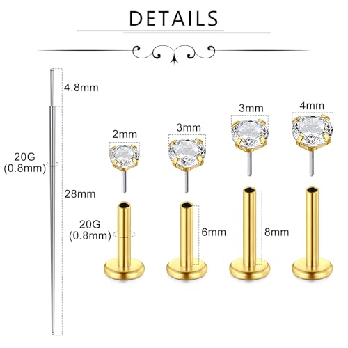 Incaton 18G Threadless Flat Back Stud Earrings For Women Men, 316L Surgical Steel Hypoallergenic Push in Nose Studs CZ Nose Nostril Tragus Helix Labret Studs Lip Rings Piercing Jewelry - color: GOLD