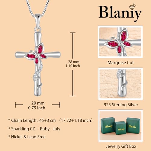 Cross Necklace for Women 925 Sterling Silver Butterfly Necklace Birthstone Pendant Created Gemstone Jewelry Gifts for Women - color: 07 July - Ruby