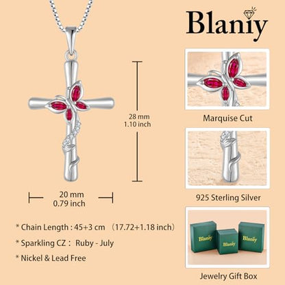 Cross Necklace for Women 925 Sterling Silver Butterfly Necklace Birthstone Pendant Created Gemstone Jewelry Gifts for Women - color: 07 July - Ruby