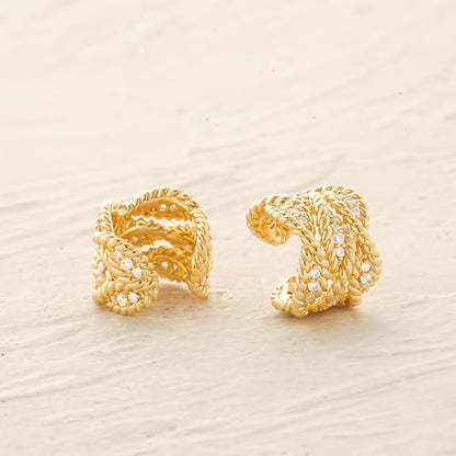 Women Ear Cuff Earrings Gold Non Pierced Cartilage Clip on Open Wrap Twist Hoop 14K Gold Plated Simple Hypoallergenic Everyday Jewelry - style: Trio / Pair