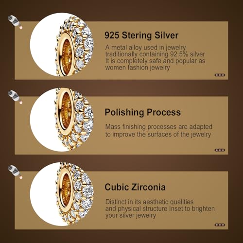 Annmors S925 Clip Spacer Safety Chain Stopper Charms for Pandora, Gift Mom Daughter Friend Sister Wife Grandma Girlfriend Fmaily On Christmas Mothers Valentines Halloween Graduation - color: C01-2pcs Gold Sparkling Pavé Triple-row Spacers